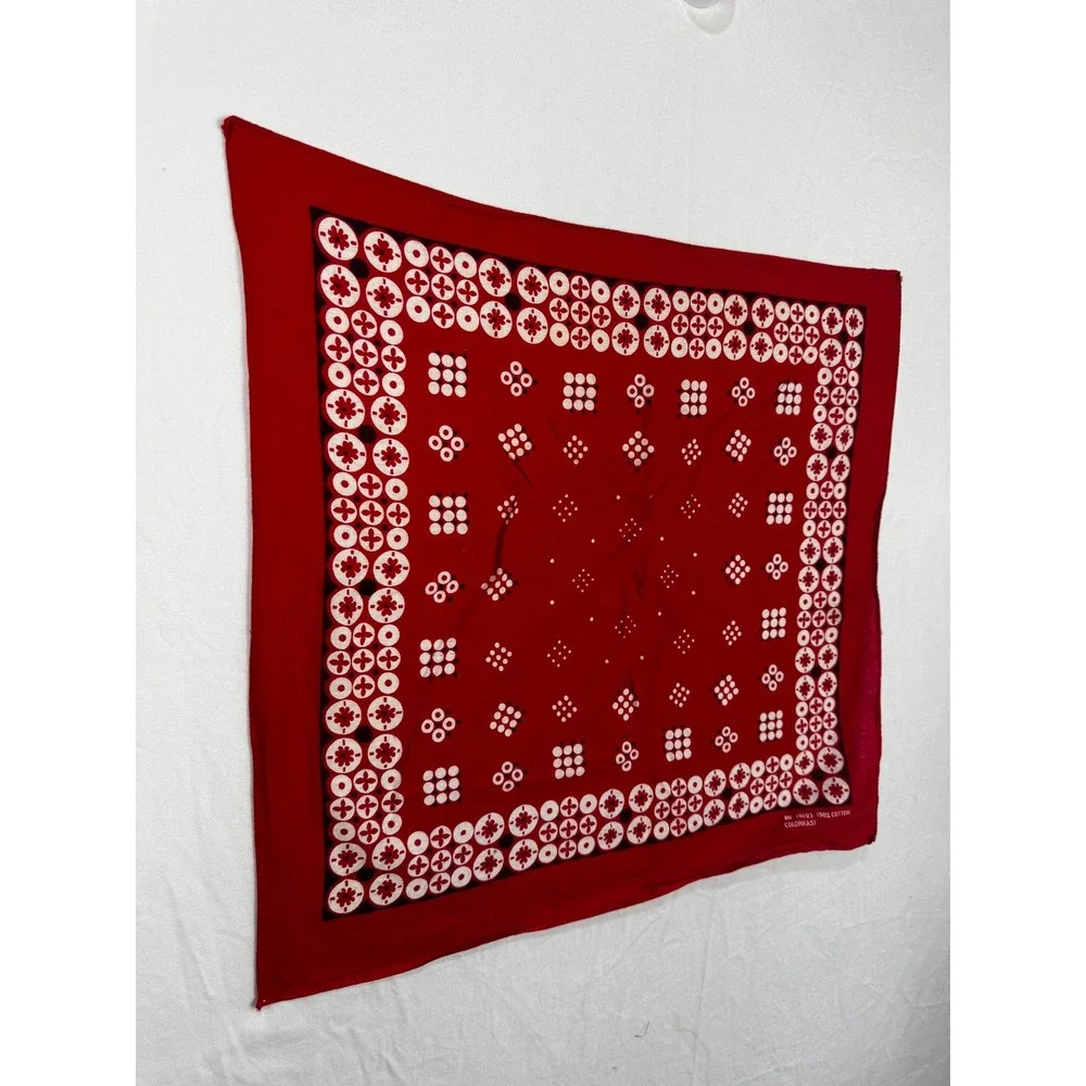 Colorfast Red Cotton Bandana Geometric Floral Dot RN 14193 Vintage 60s 70s 20x21